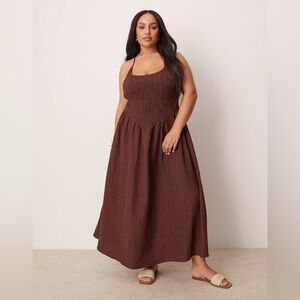 ASOS DESIGN Curve scoop neck crinkle maxi dress criss cross back chocolate plus